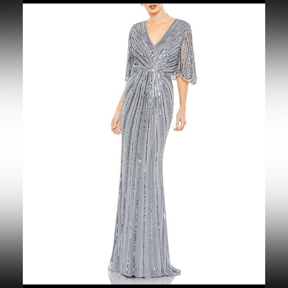Mac Duggal sequin twist waist v-neck flutter short sleeve gown, new with tags